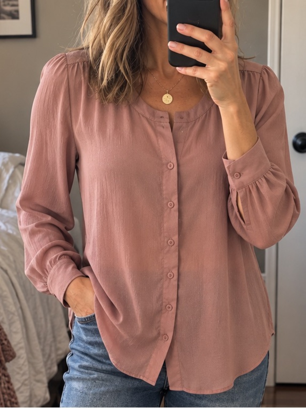 Sparkle & Fade Blouse M Mauve Pink Button Front Long Sleeve Sheer Y2K Office